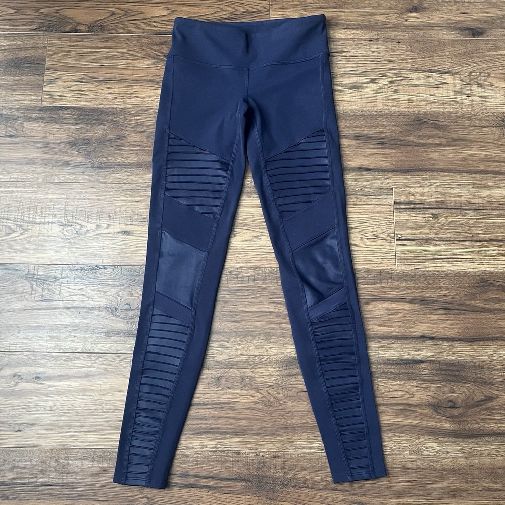 Alo Yoga Moto Legging Blue Womens XS Activewear Gym Pilates Athleisure Ribbed